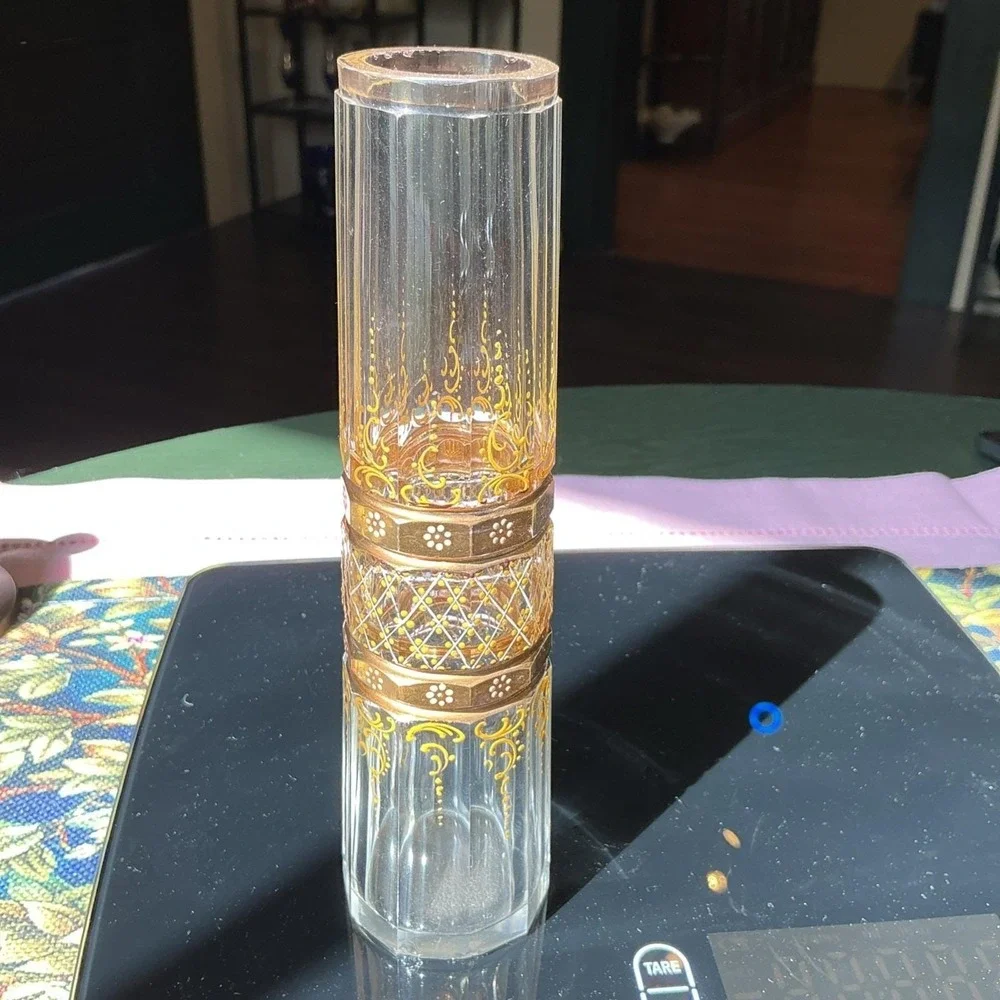 Antique Bohemian Hand‎ Painted Gilded Glass Vase, 7.75